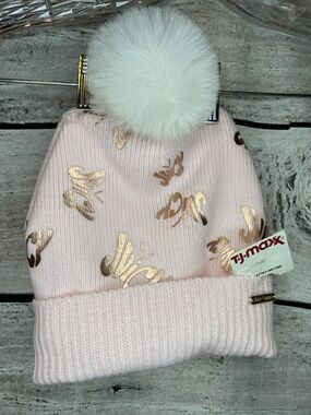 Juicy Couture Light Pink Kids Knit Beanie Hat White Pompom Rose Gold Print Lined